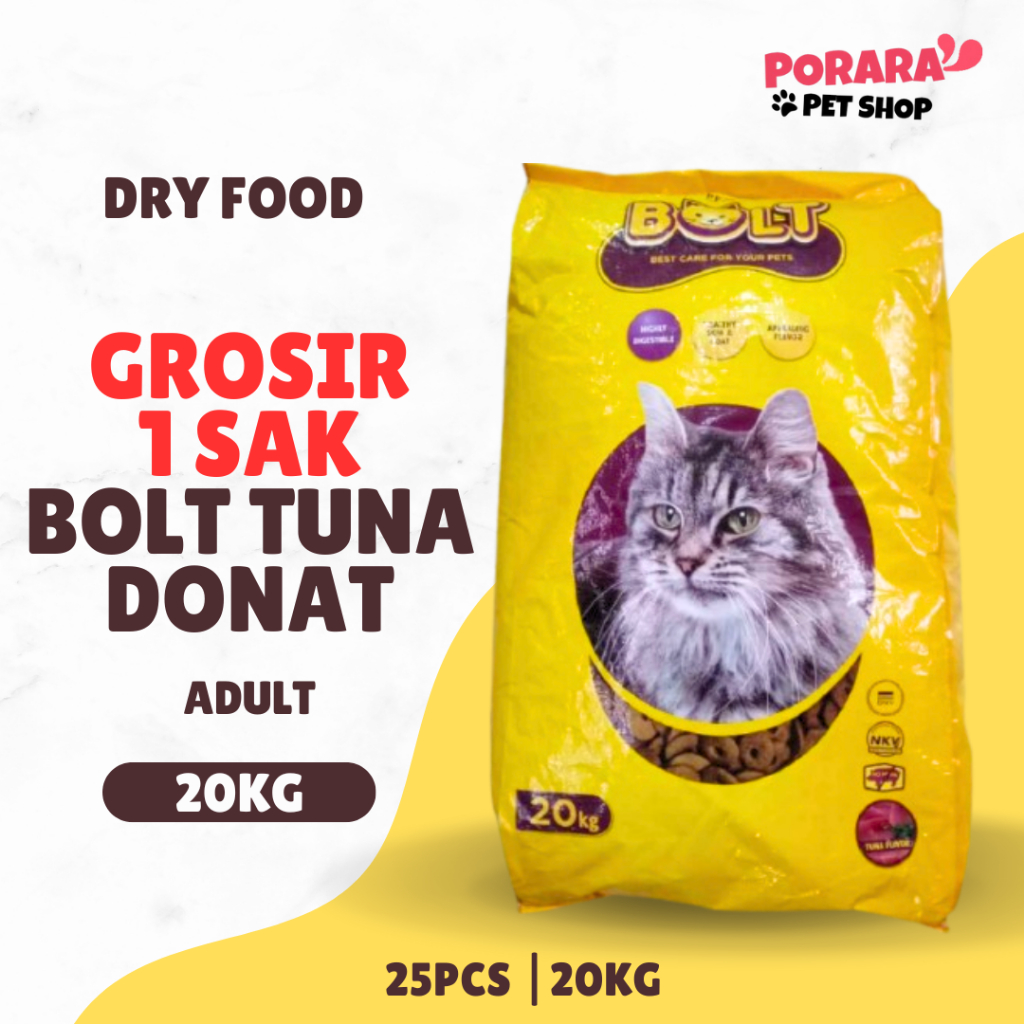 GROSIR 1 SAK 20kg 25pcs Bolt Tuna Donat Kuning 800gr Adult | Pakan Makanan Kucing Dewasa Murah Dry F