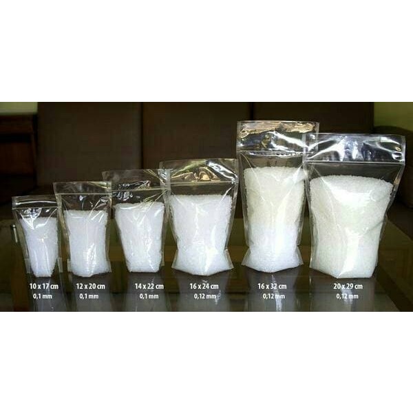 KLIP KEMASAN BENING PLASTIK STANDING POUCH TEBAL KECIL BESAR / KANTONG PACKING SNACK