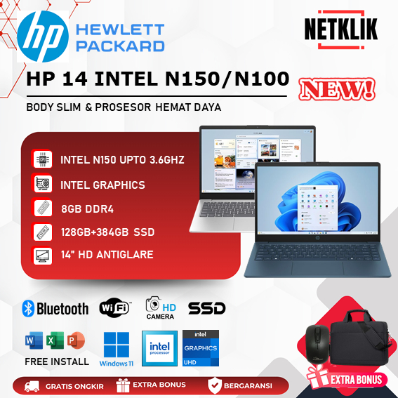Laptop HP 14 Intel N150/N100 RAM 8GB 384GB Windows 11 Baru Promo