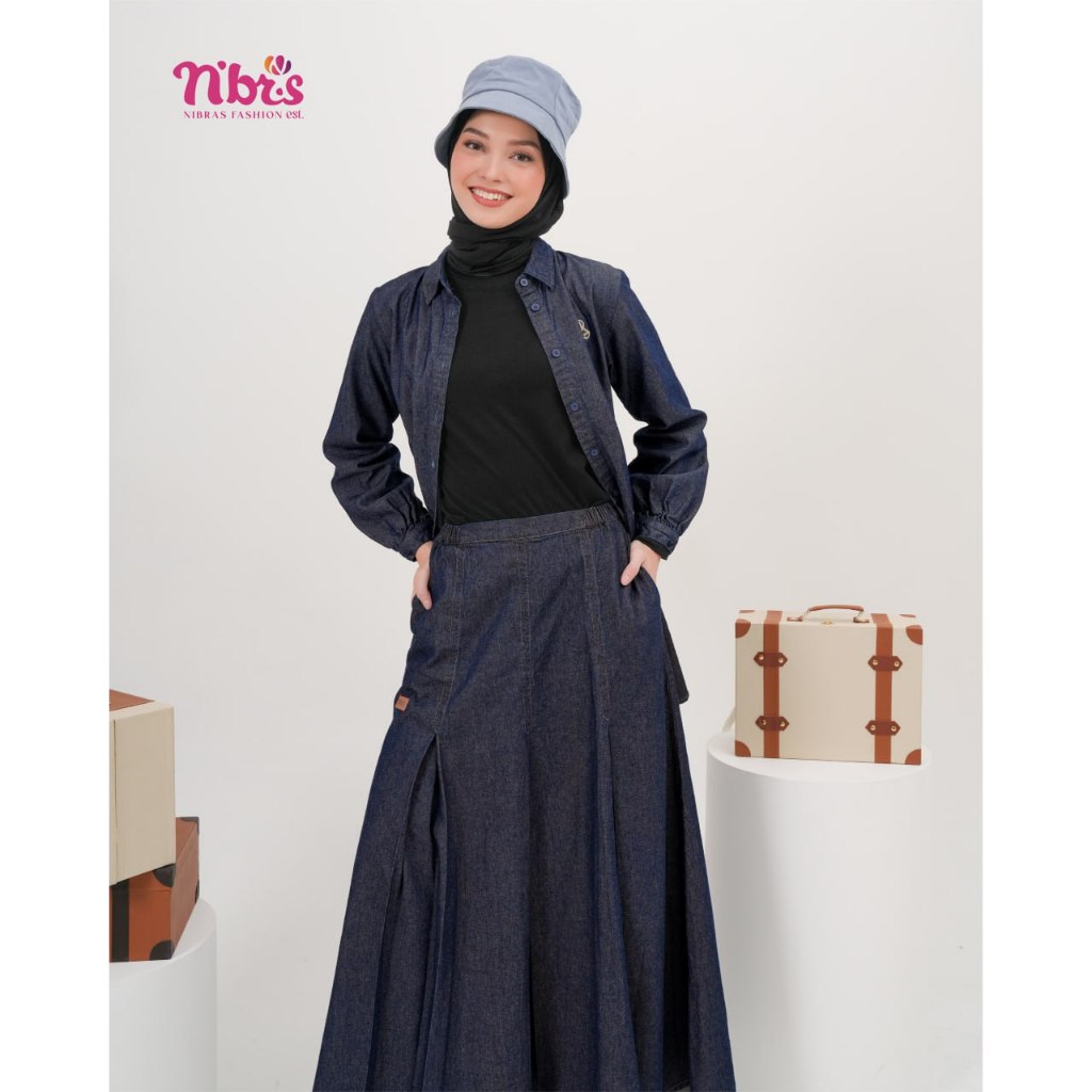 Nibras Rok Jeans Panjang Wanita Premium Korean Style Rok Jumbo Wanita - Jalanku Biru 015