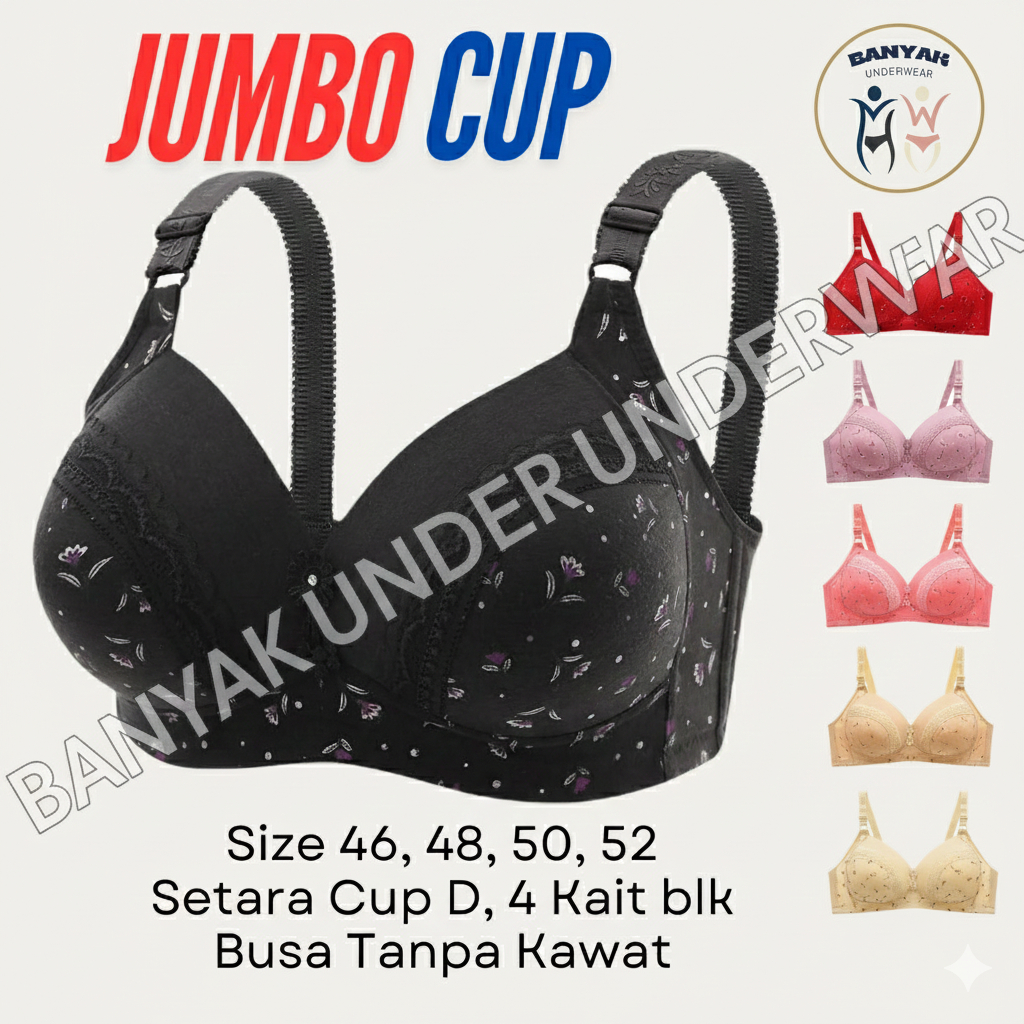 BH Perempuan Jumbo Cup D Tanpa Kawat Busa Tipis Kait 3 Bahan Katun Ukuran Besar 46-52 High Quality