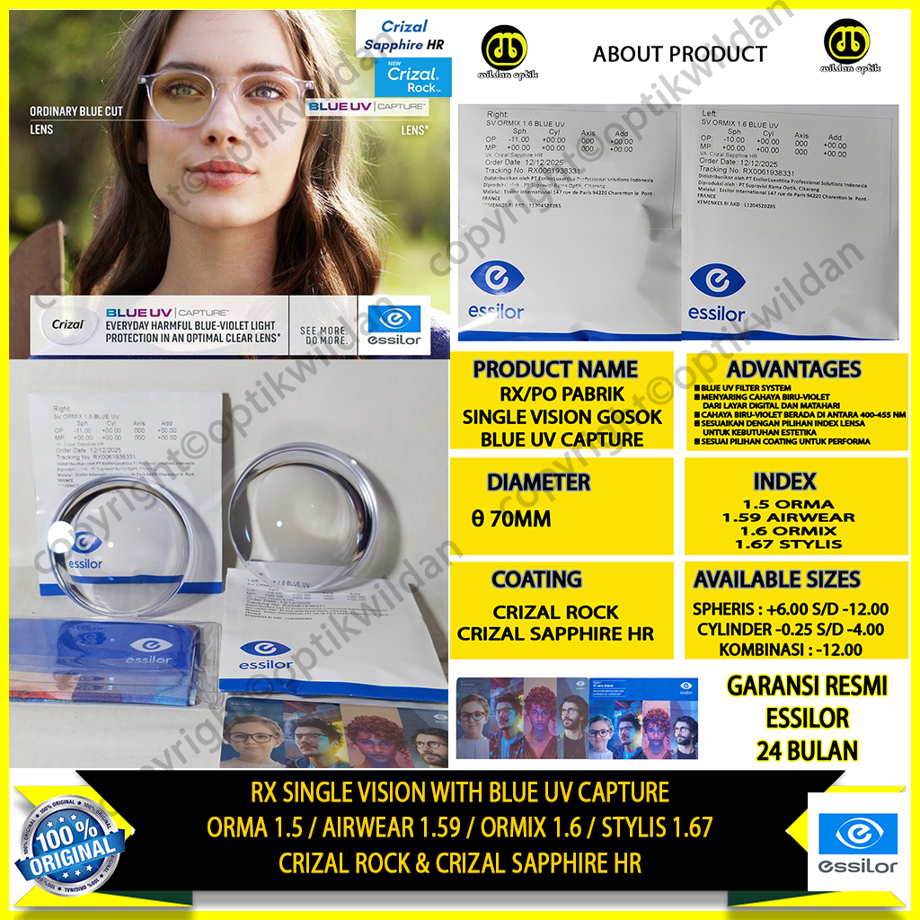ESSILOR CRIZAL SV GOSOK/PO PABRIK WITH BLUE UV CAPTURE COATING CRIZAL TERBARU