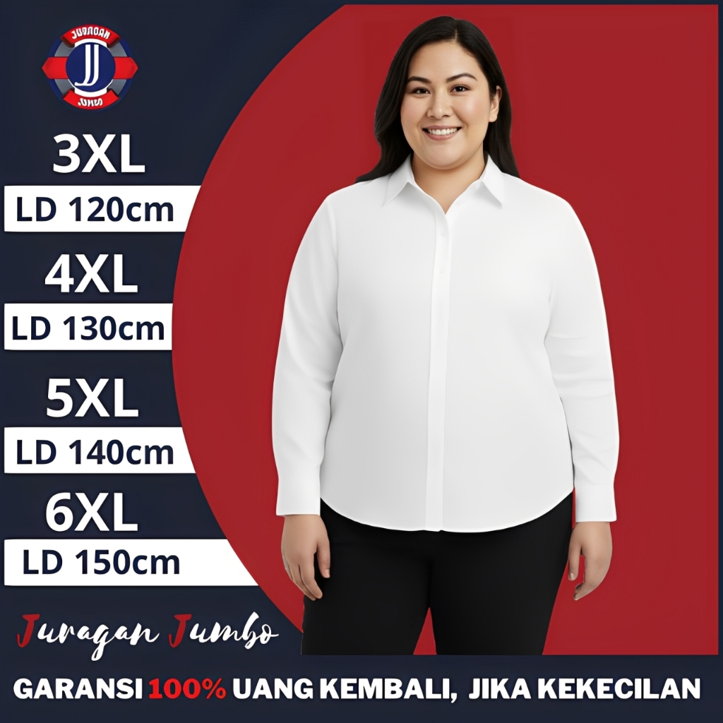 Kemeja Putih Wanita Jumbo LD 120 130 140 150 Lengan Panjang Kerja Kantor Basic Polos