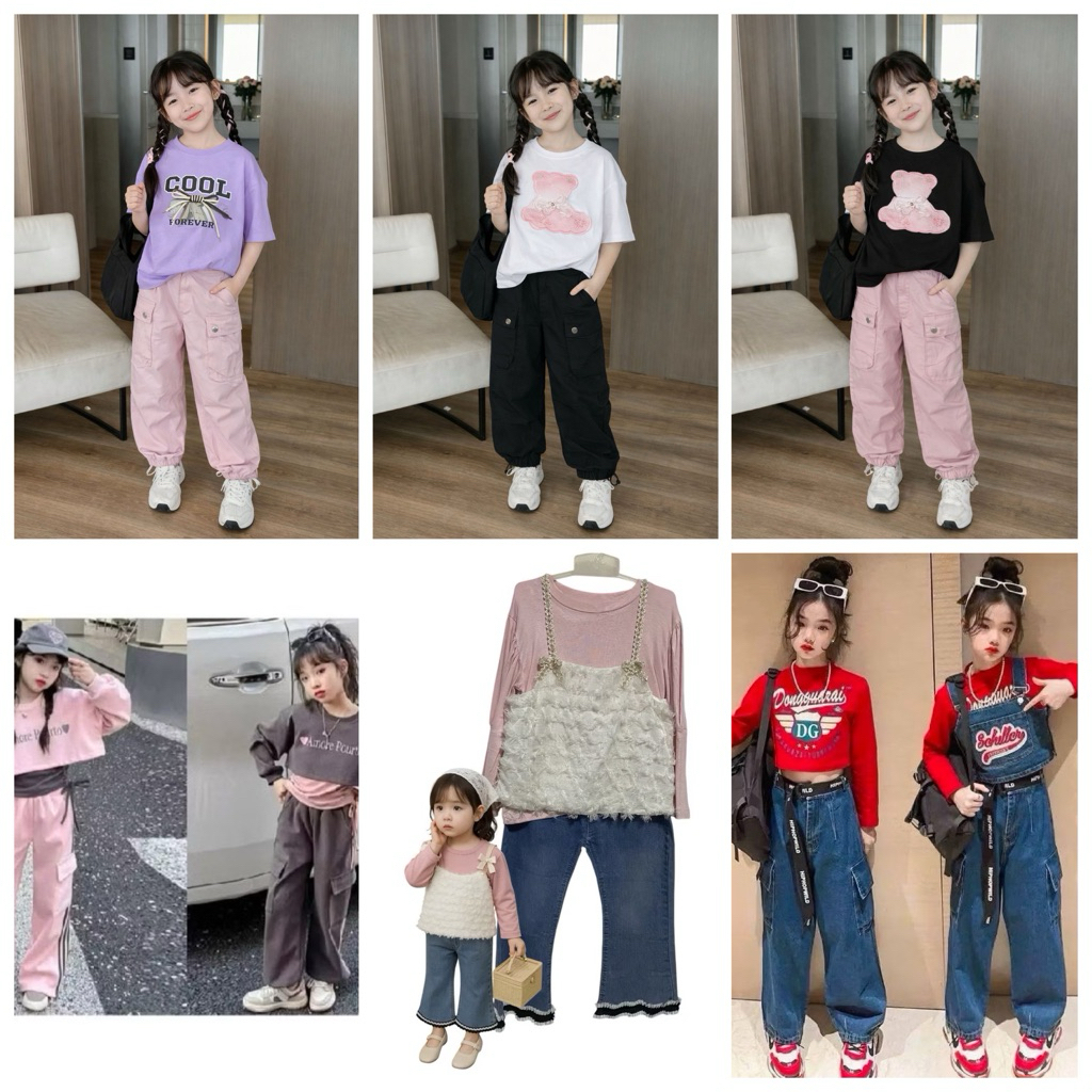 Setelan Anak Perempuan Set jeans Cargo Kulot Korean Style Import