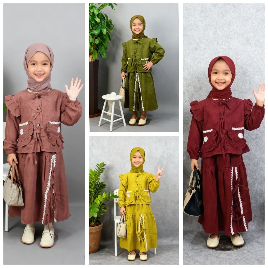 Attabee kids, Liliana Seris, Stelan rok hijab anak mewah, baju lebaran, baju syar'i, bahan curdoray