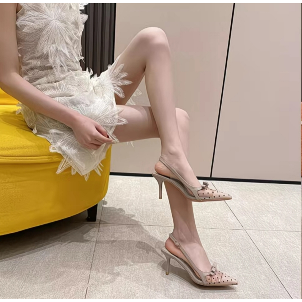 Sepatu hak tinggi wanita transparan jaring, sepatu sandal gaya Perancis, sepatu hak tipis elegan
