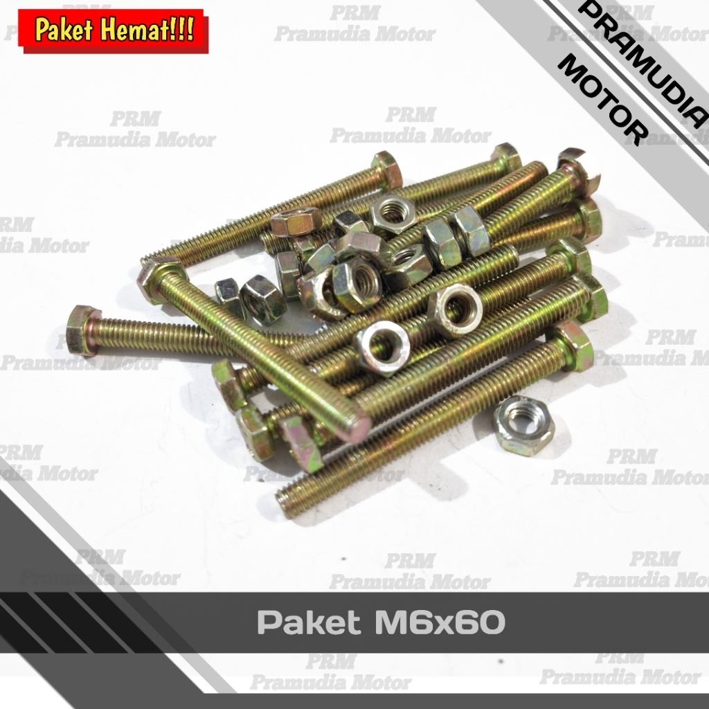 PAKET HEMAT BAUT 10 KUNING PANJANG 6CM M6X60 PLUS MUR