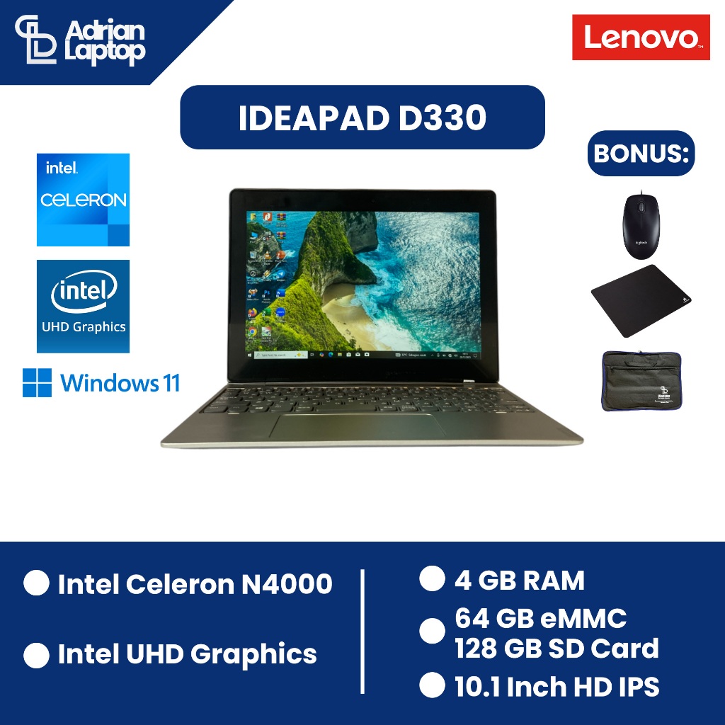 Laptop Second Lenovo D330 | Intel Celeron N4000 | RAM 4GB | MMC 64gb I SSD 128 GB | Berkualitas & Be