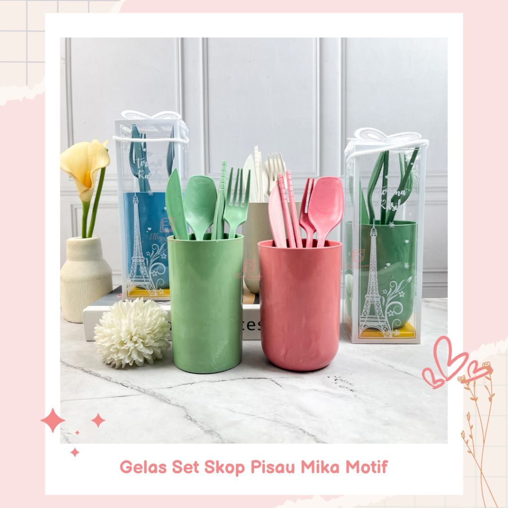 Gelas Plastik  + Sendok Set + Pisau Lokal Skop Kemas Mika Motif