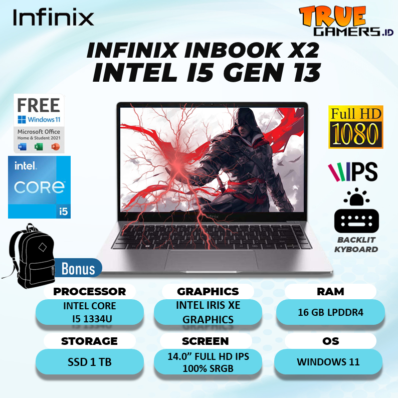 Laptop Infinix Inbook X2 Core i5 1334 RAM 16GB 1TB SSD Windows 11+Office Home 14.0"FHD 100%sRGB
