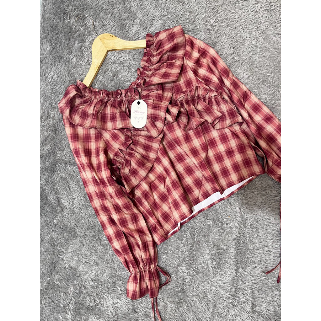 flowrine - blouse ruffle kotak maroon