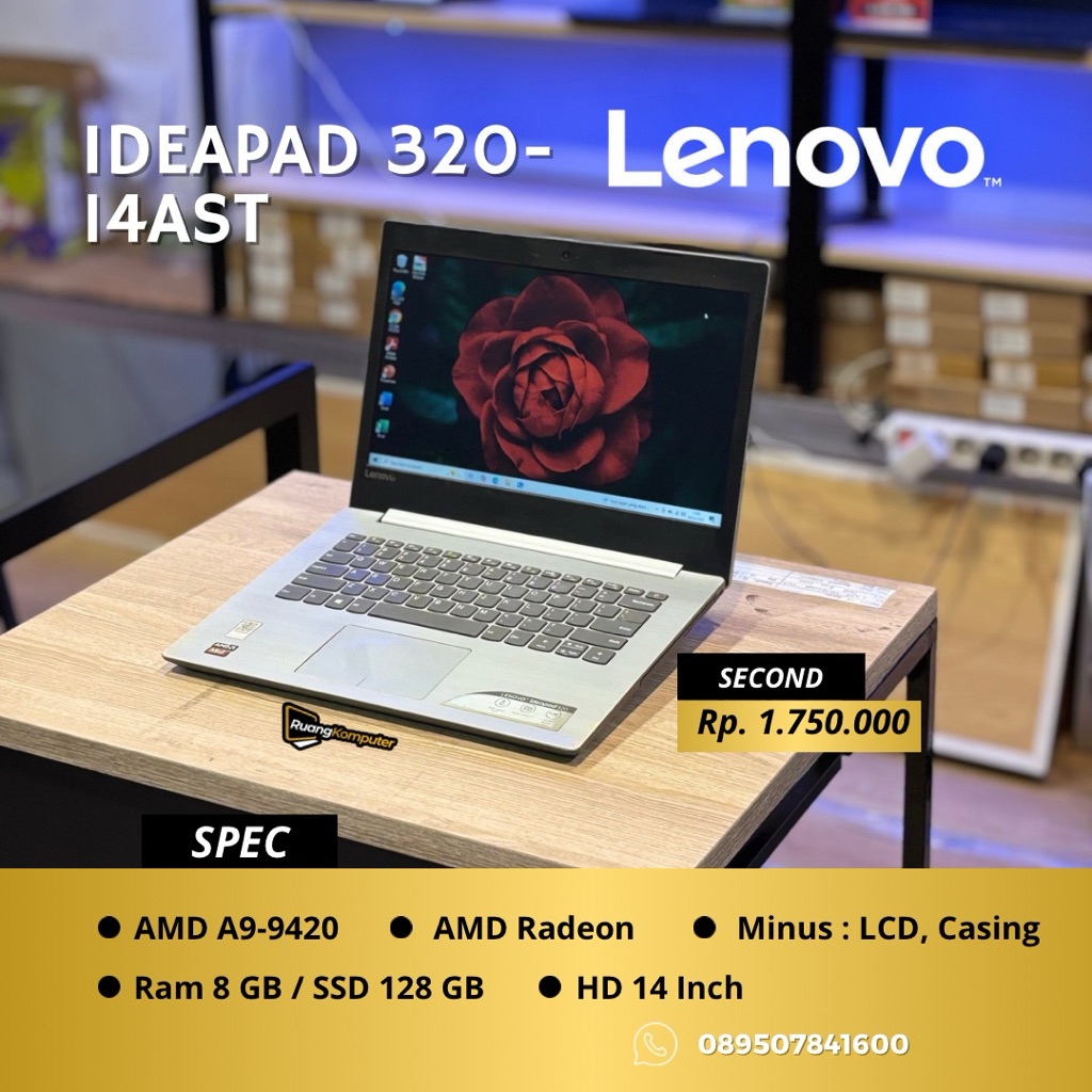 Laptop LENOVO IDEAPAD 320-14AST AMD A9-9420 RAM 8GB SSD 128GB HD 14 Inch Second Bergaransi