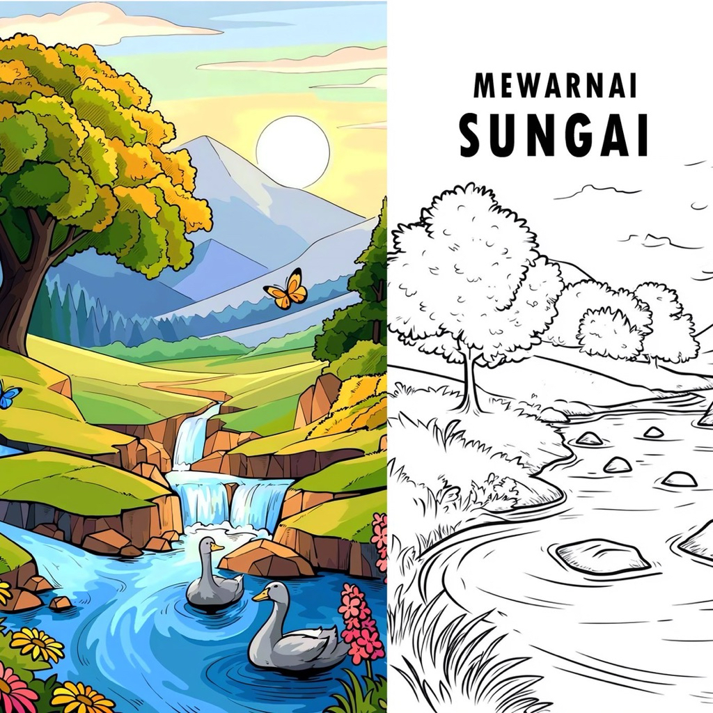 15 Lembar A5 | Kertas Mewarnai Tema Pemandangan Sungai #2 | 15 Kertas gambar berbeda