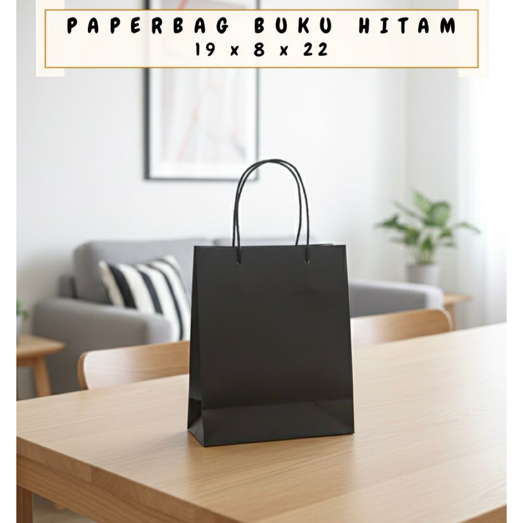 PAPERBAG HITAM POLOS UK 19X8X22 / TAS KERTAS HITAM / TAS KERTAS POLOS / GOODIEBAG POLOS / PAPERBAG H