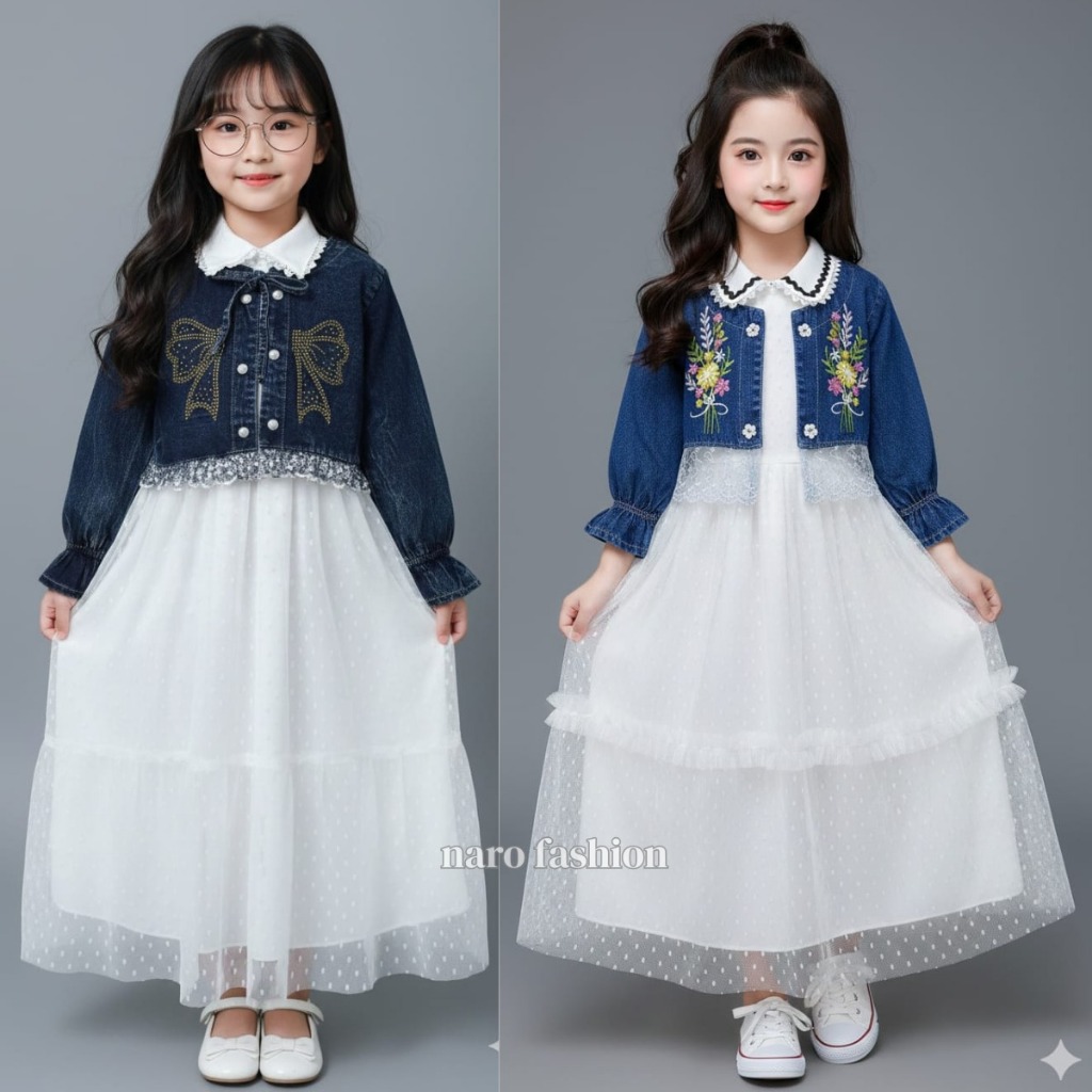 Set Hijab Gamis Anak Perempuan  Gamis Sultan  Usia (3-10th) Gamis Anak Jeans Mix Brukat