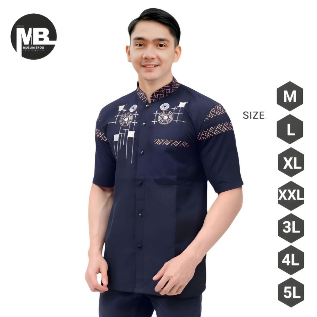 Kemeja Koko Pria Lengan Pendek Jumbo M-5XL Katun Premium Motif Batik Kombinasi Bordir Modern Kerah M