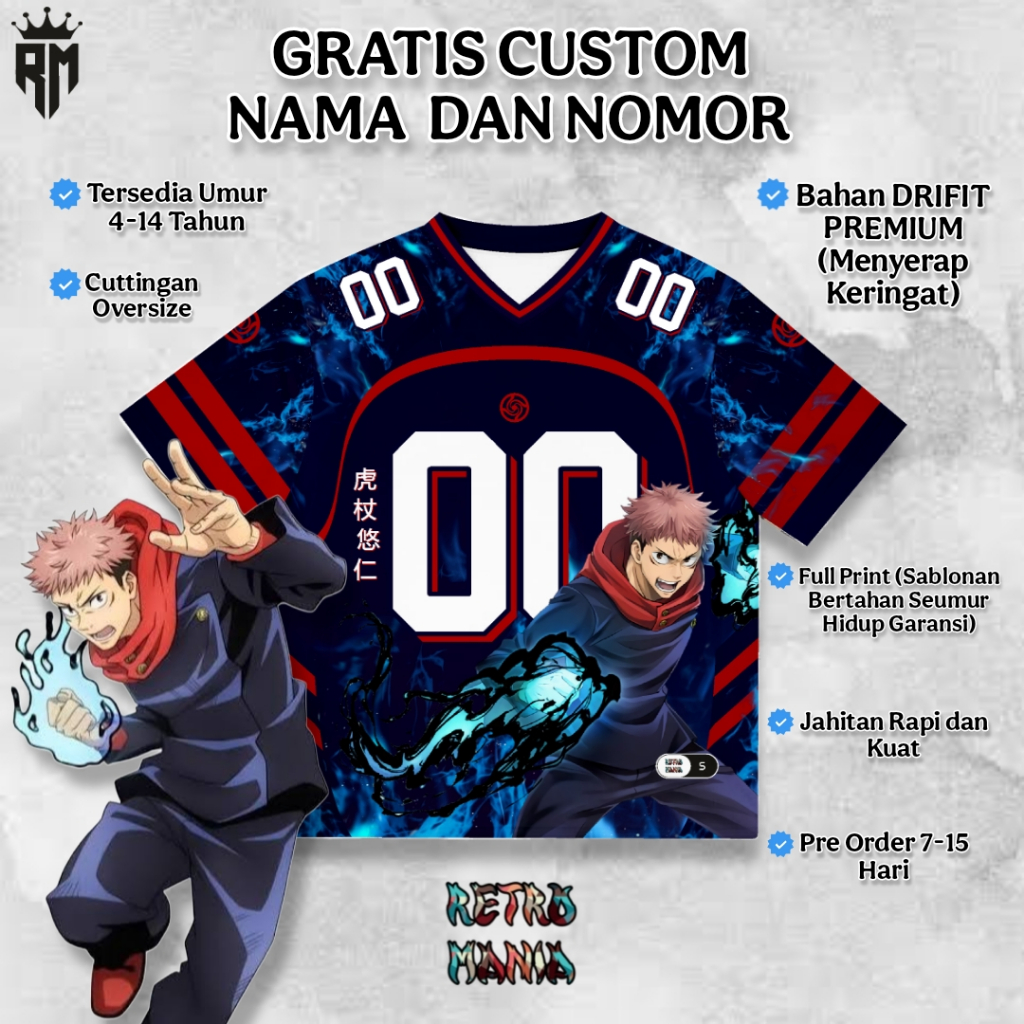 (GRATIS NAMA NOMOR) Jersey Jujutsu Kaisen Anak / Jersey Oversize Anak / Baju Jujutsu Kaisen Anak
