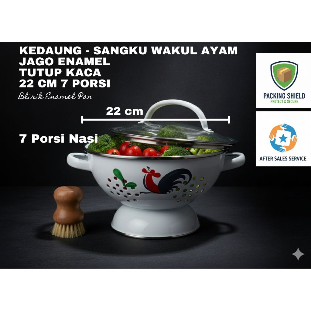 Kedaung - Sangku Wakul Ayam Jago 22cm Enamel Anti Karat Tutup Kaca - Wadah Nasi Estetik Penyajian Pr