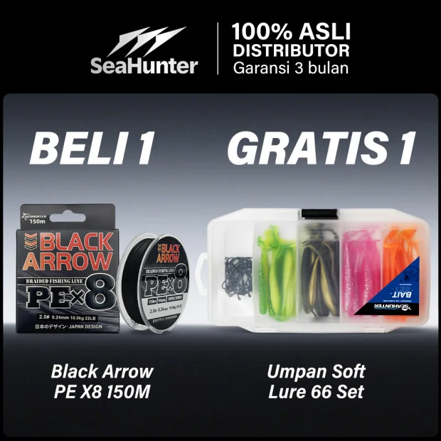[Beli 1 Gratis 1]SeaHunter Black Arrow PE X8 Senar Pancing (150 Meter)+ Gratis Bonus=Umpan Soft Lure