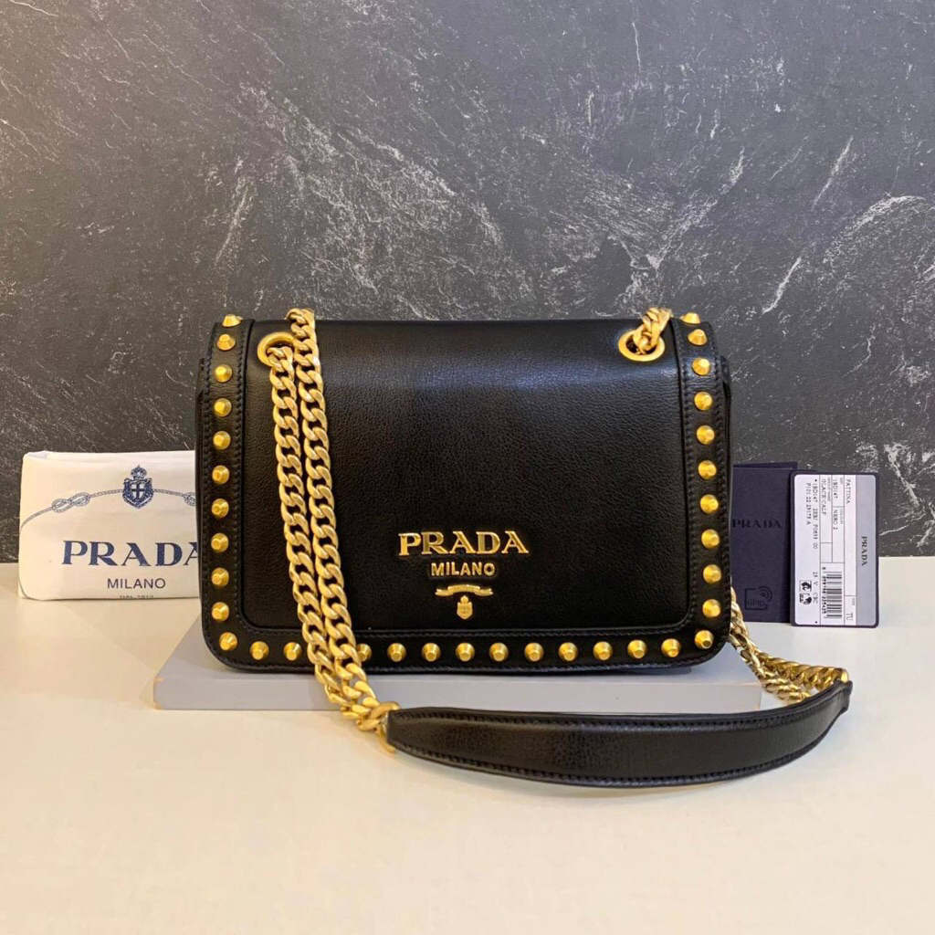 (PRELOVED) Prada Pattina Stud Flap Bag Black GHW 2022