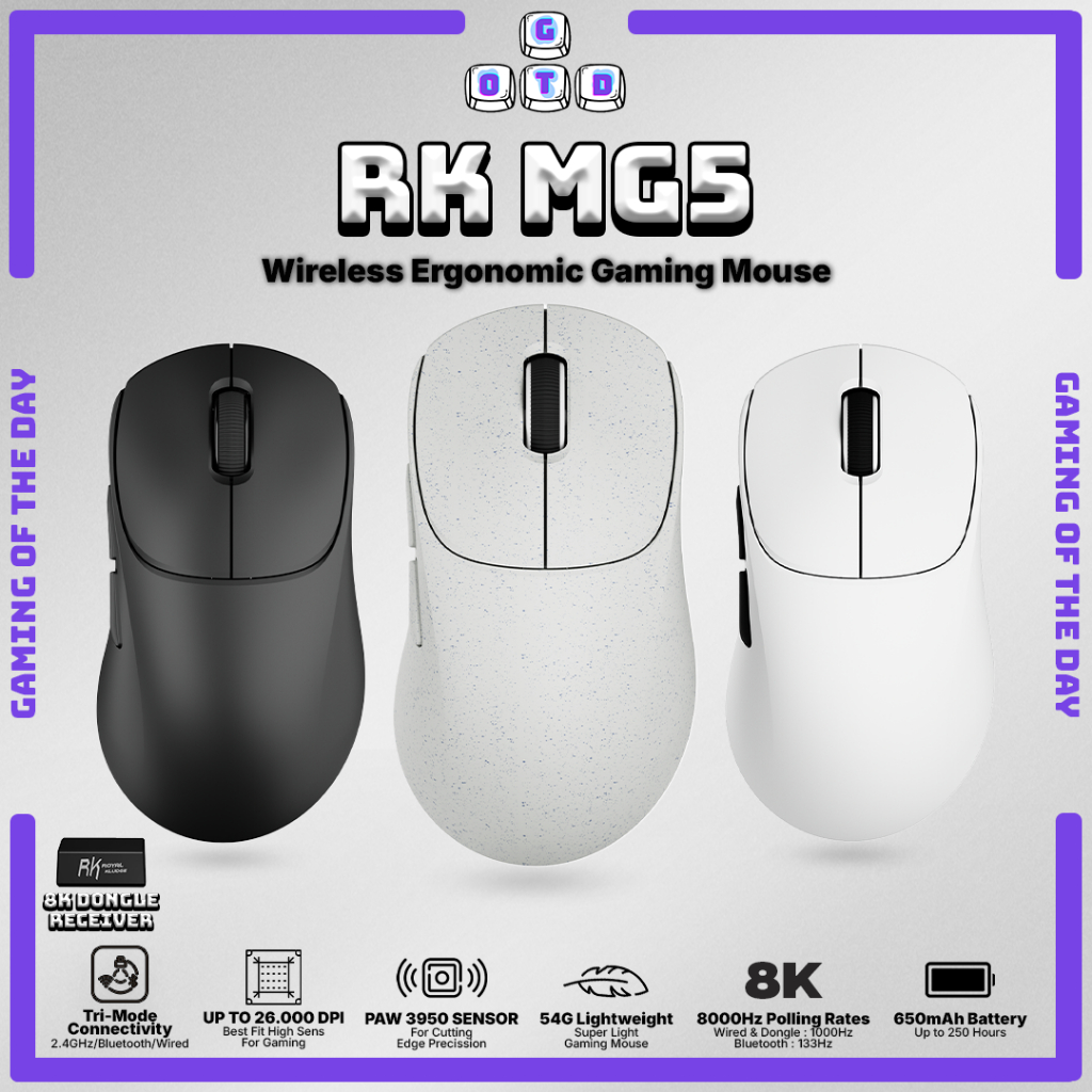 ROYAL KLUDGE RK MG5 Ergo Shape Mouse Gaming Wireless Tri-Modes 42K DPI Lightweight Computer Mouse wi