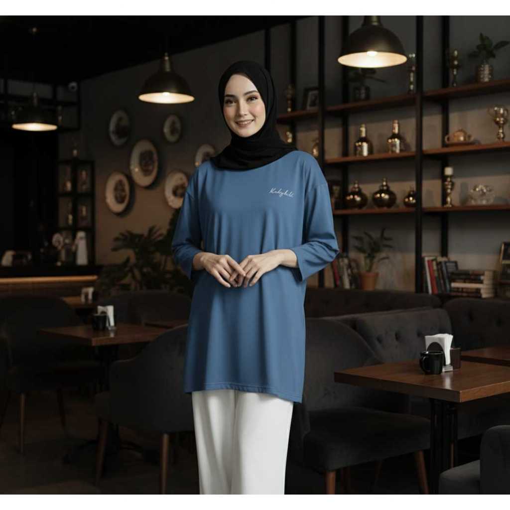Kaos Tunik Oversize  Atasan Wanita Biru Denim Polos lengan 3/4 Bahan cotton combed 24s Premium