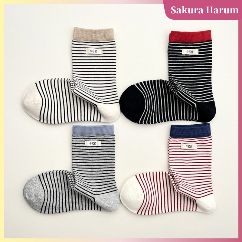 Kaus Kaki Katun Bergaris Karet Kaki Wanita / Kaus Kaki Mid Katun Mode Label Kain Huruf