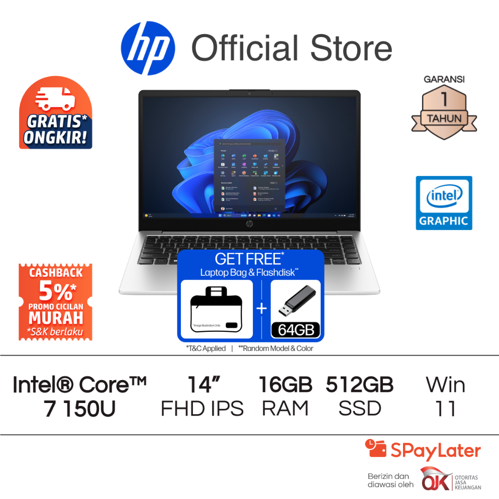 Laptop HP 240R G10 14F Intel Core 7 Intel Graphics 16GB RAM 512GB SSD Silver Free Windows 11 Home 14