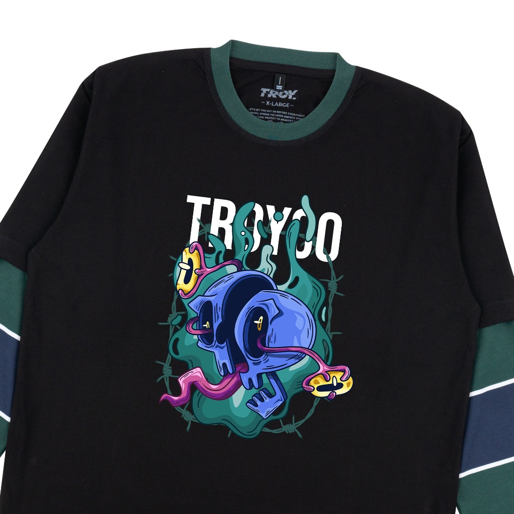Troy Company Double Sleeve Longsleeve Tshirt Black Green Liquy Skul - Kaos Hitam Hijau Lengan Panjang DSD 3505