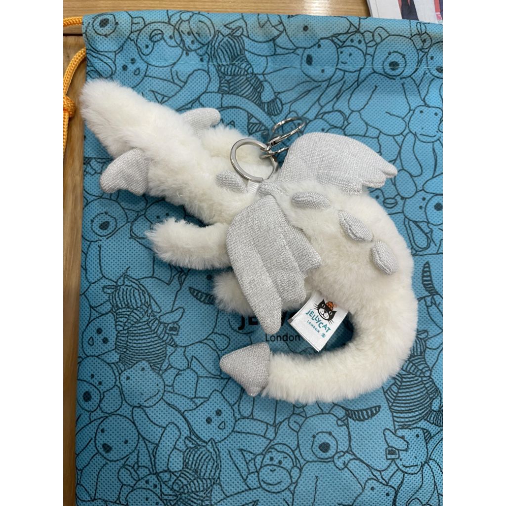 Gantungan Kunci Boneka Naga Putih Terbang Lembut Jellycat (Snow Dragon Bag Charm) Dapet Pouch