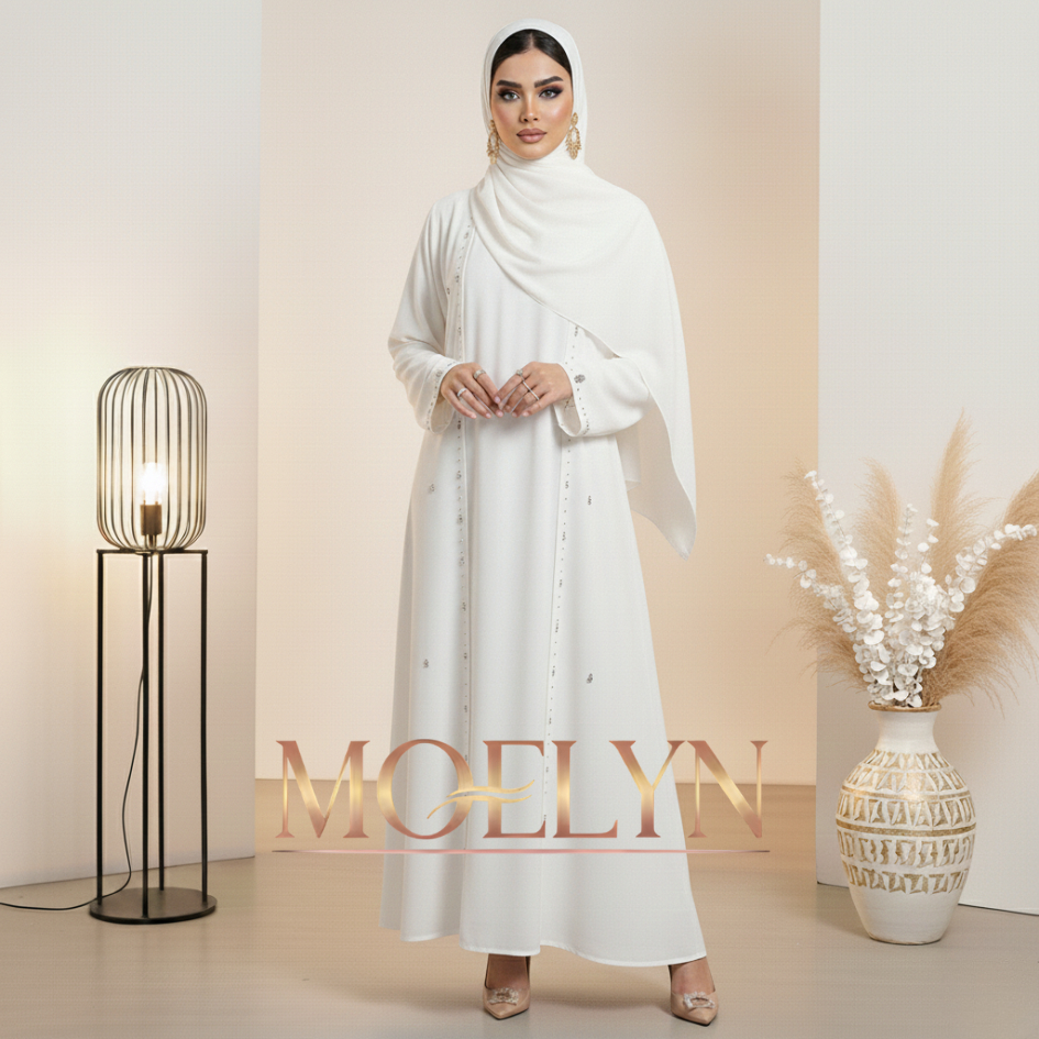 MOELYN - Abaya Turkey MAHREEN | Gamis Lebaran Warna PUTIH Dress Ceruty Premium Aksen Payet Mutiara F