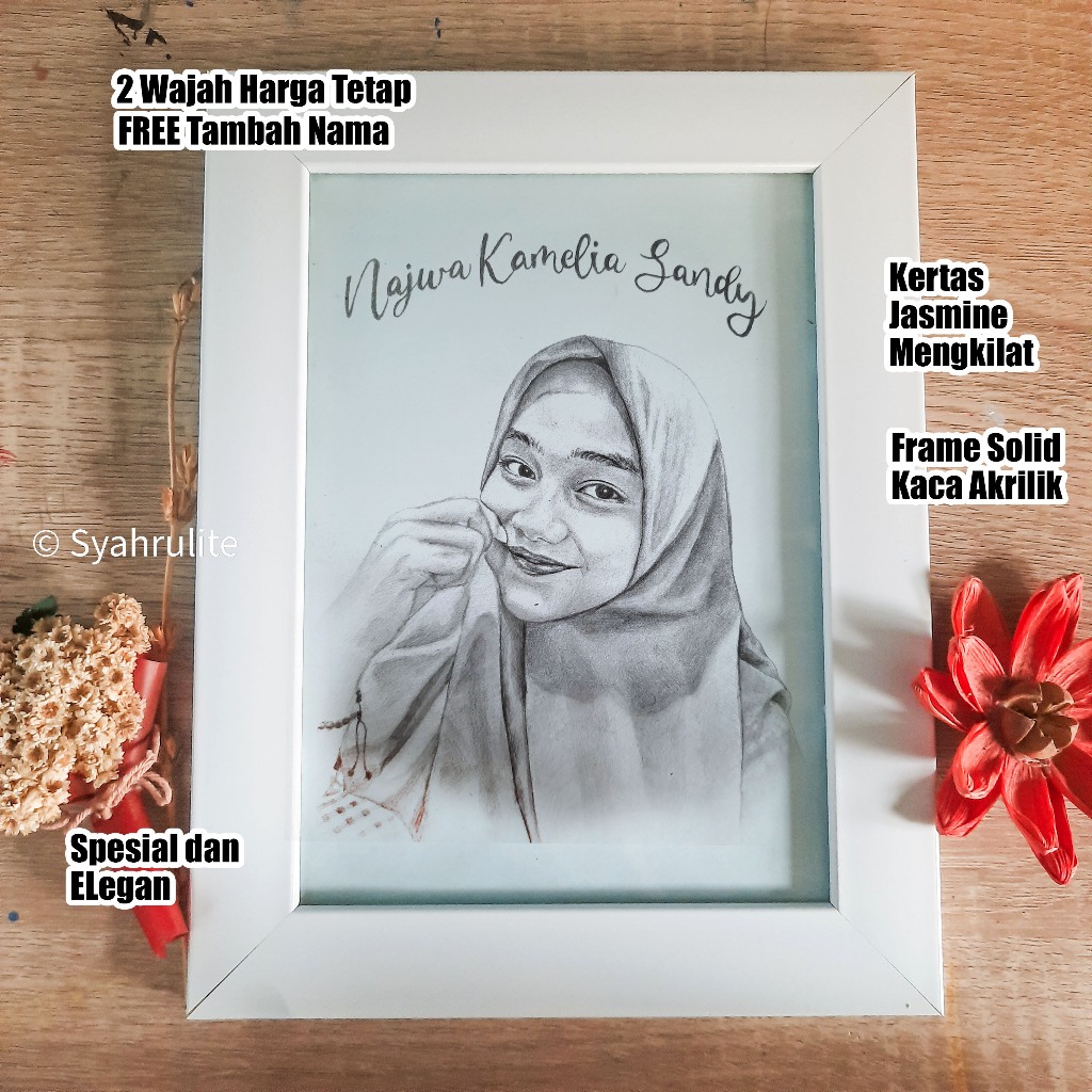 Kado momen spesial lukisan wajah pensil bingkai minimalis elegan kaca akrilik