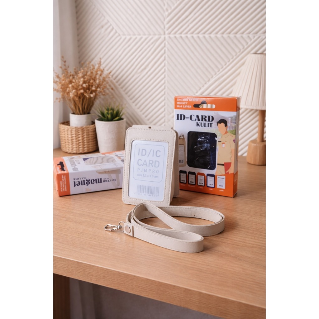 Lanyard ID Card Holder Kulit Sintetis Mika Transparan 2 Sisi - Hitam