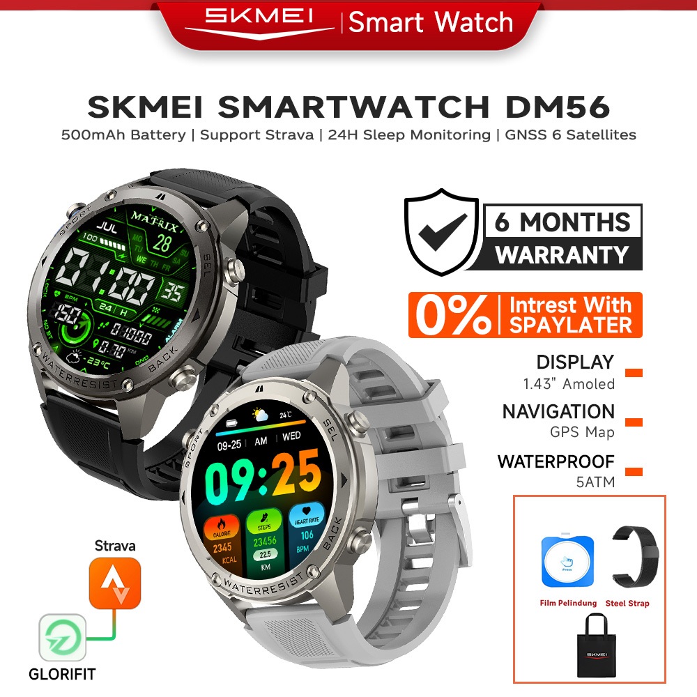 SKMEI DM56 Smartwatch Pria  GPS Map 1.43inci Amoled Touch Screen Support Stava Jam  Tangan Smartwatc