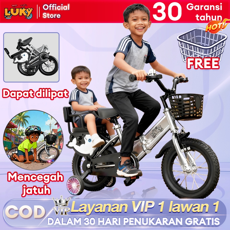 LUKY Sepeda Anak Sepeda Unisex Lipat Sesuai 2-12 Tahun Ringan Roda Bantu Ban Karet Aman
