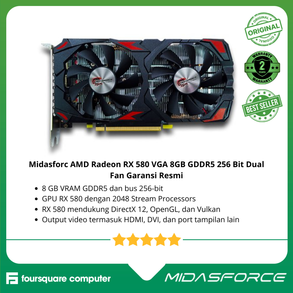 Midasforce AMD Radeon RX 580 VGA 4GB | 8GB GDDR5 256 Bit Dual Fan Garansi Resmi