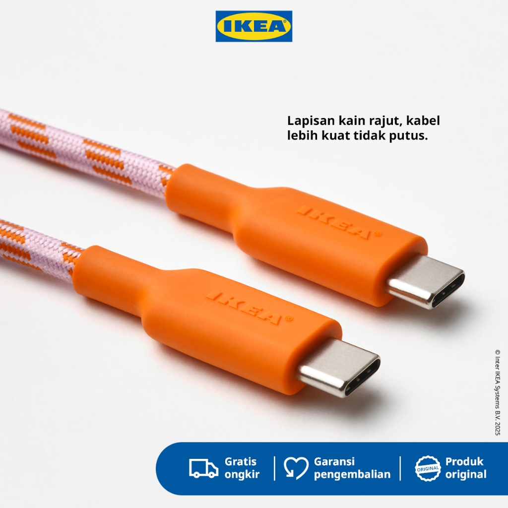 IKEA LILLHULT Kabel USB C ke USB C Panjang 1.5m Orange/Lilac