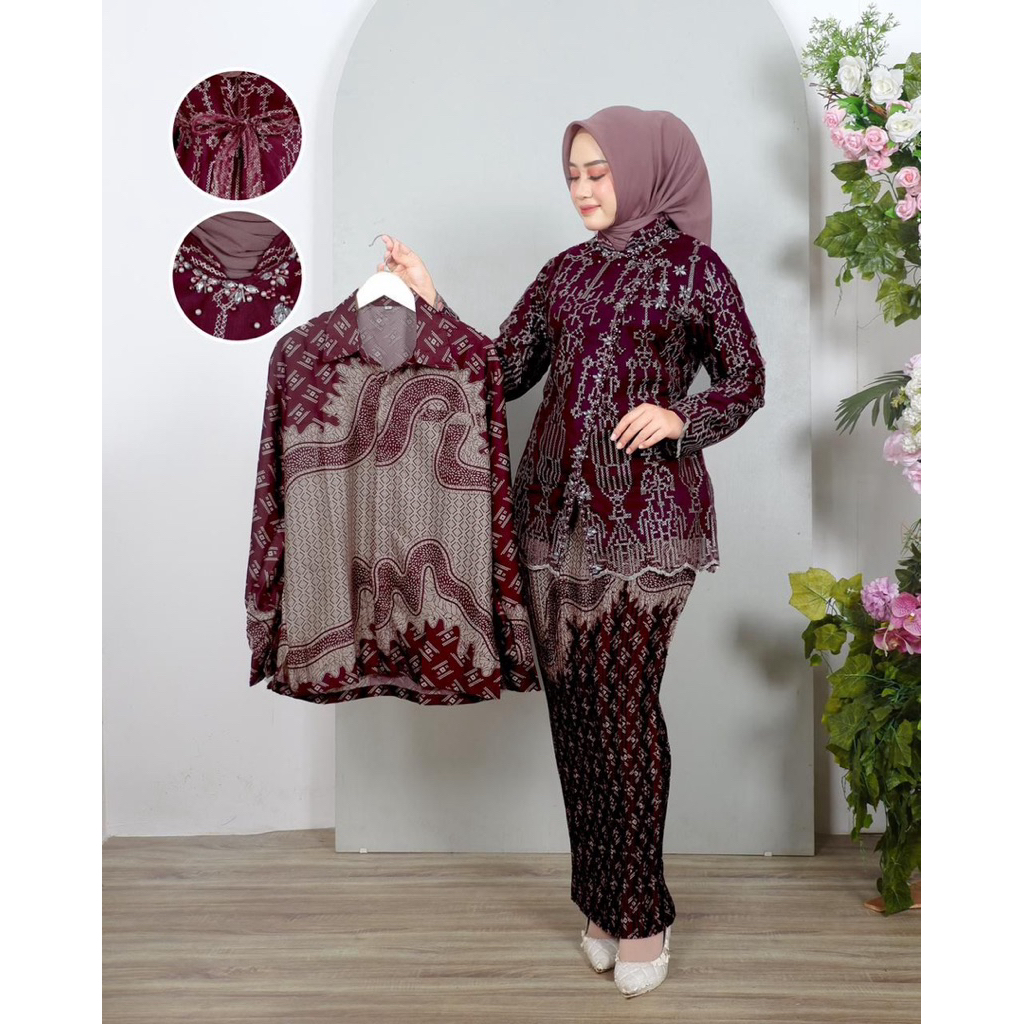 Riana Kebaya - Setelan Couple Kebaya Sarita Tille Payet Jahit Tangan / Kebaya Lamaran / Kemeja Batik