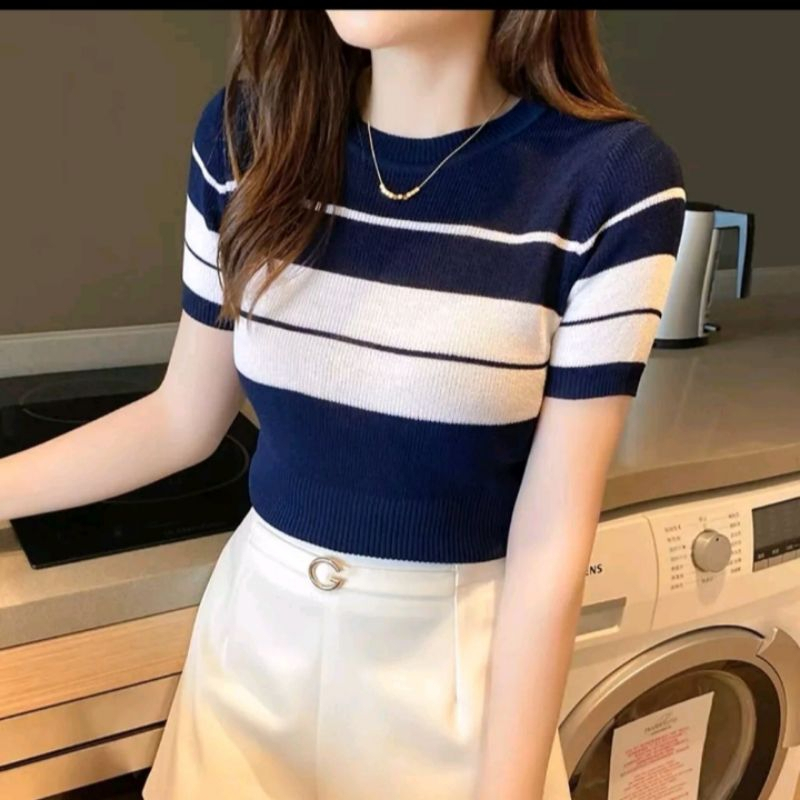 Atasan Rajut Krop top Model Strip/ Lenganpedek