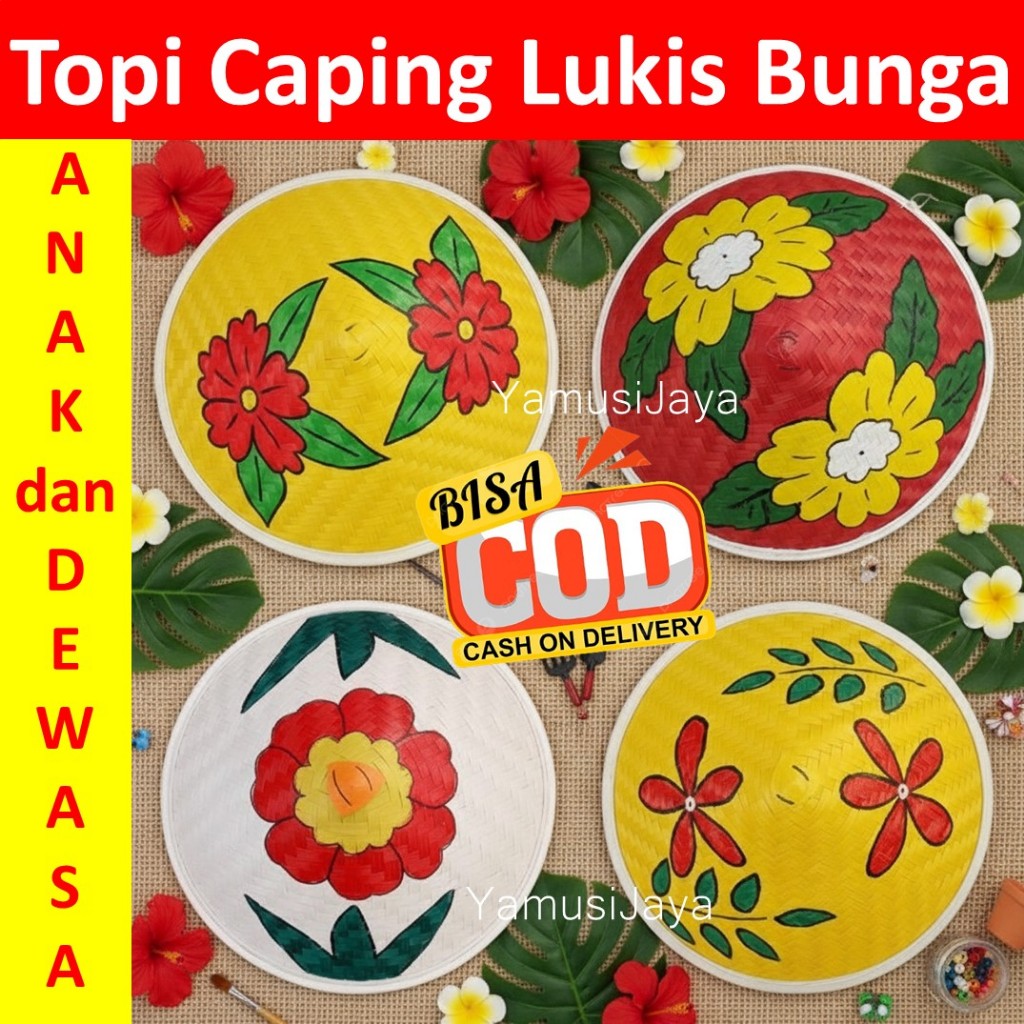 caping bambu lukis bunga / topi caping petani  / tudung topi caping lukis hias dekorasi