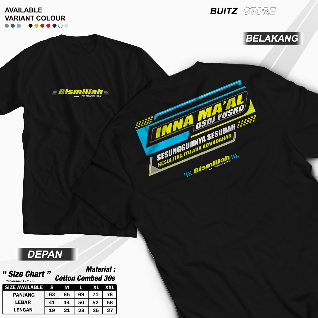 Kaos Bismillah For Alhamdulillah / Baju T-shirt Distro Inna Ma'al Usri Yusro / Pakaian pria wanita