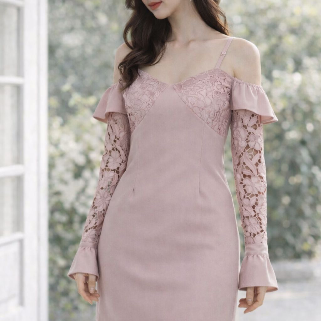 [NEW] Tansshop Ruffle Brocade Dress ( Tanshop Lace Renda Brokat Rampel Bunga Flower Soft Muted Mauve