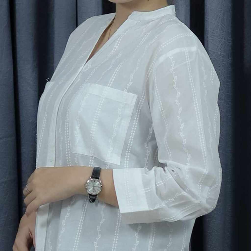 Kemeja Wanita Remix Jeans RKLC752B08 Atasan Wanita Embroidery Kasual V-neck Putih
