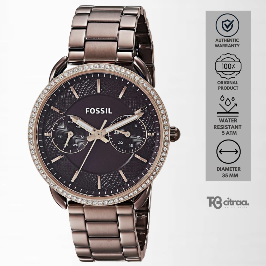 Jam Tangan Wanita Fossil Tailor Chronograph Brown Stainless Steel Mewah Casual Original ES4258