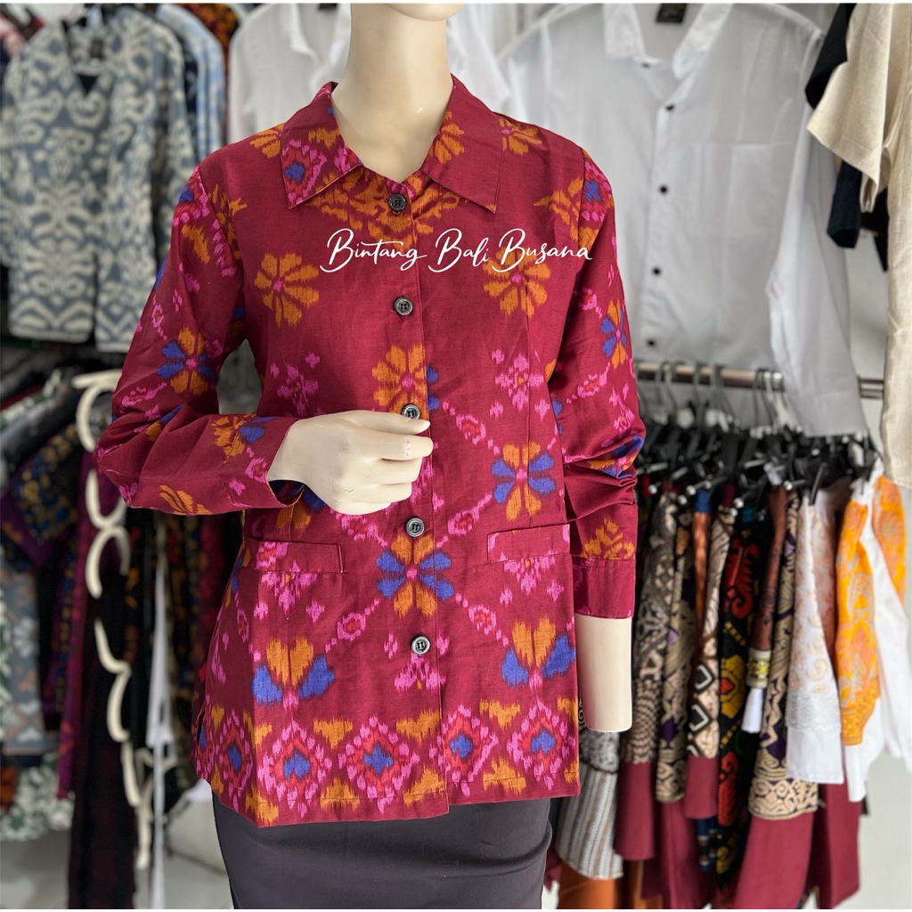 Kemeja Endek Batik Bali Katun Wanita Lengan Panjang motif warna JW Marun Merah Maroon Ungu