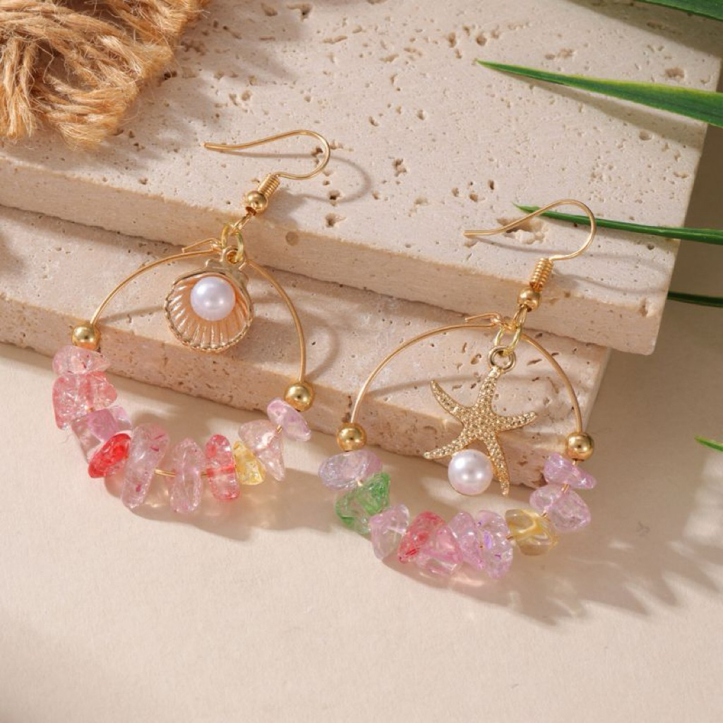 Anting Pesta Kerang Shell Cantik Tusuk Juntai Pantai Diamond Berlian imitasi Impor Korea Simple