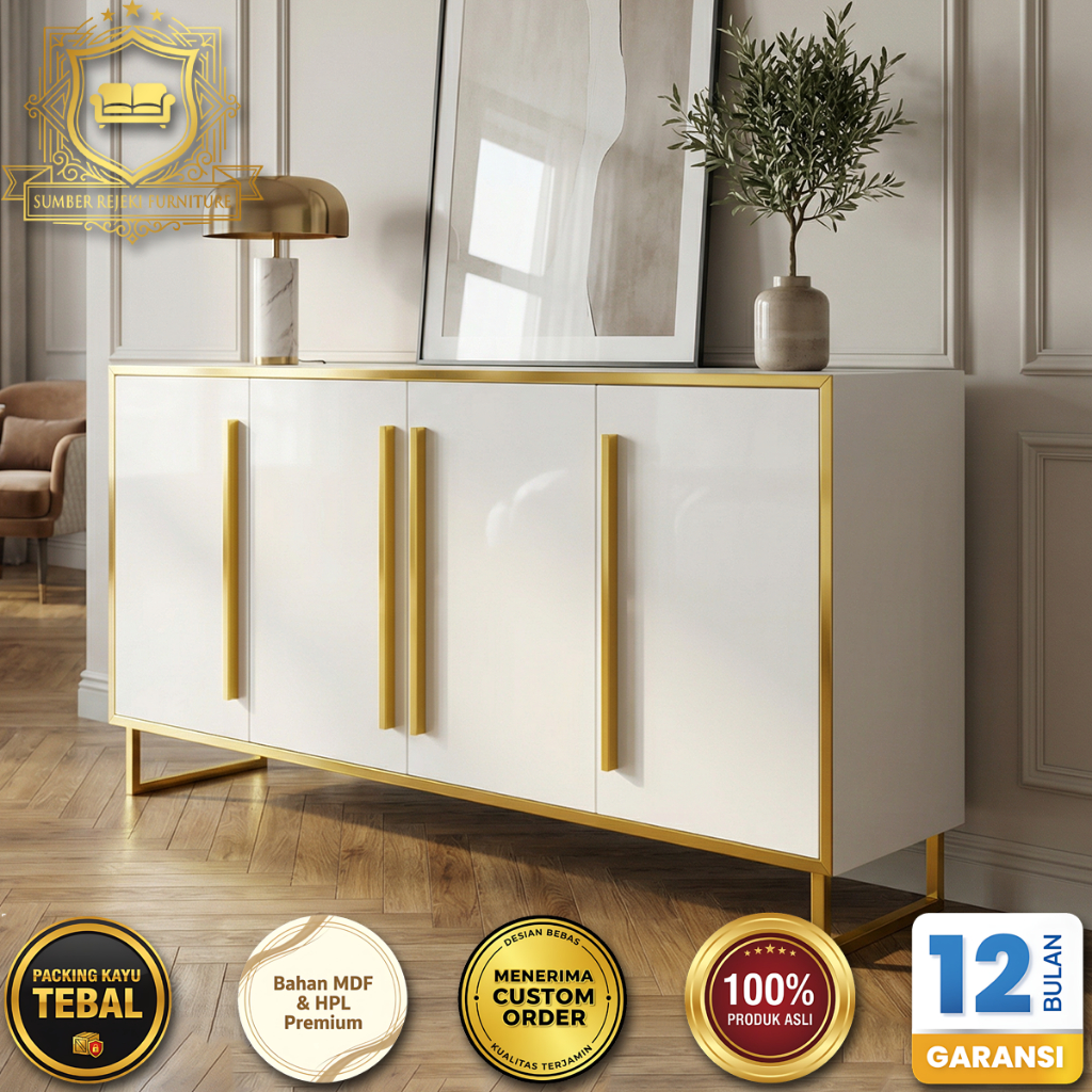 Bufet Sideboard Minimalis Modern 160cm Putih Gold 4 Pintu Lemari Hias Ruang Tamu Mewah