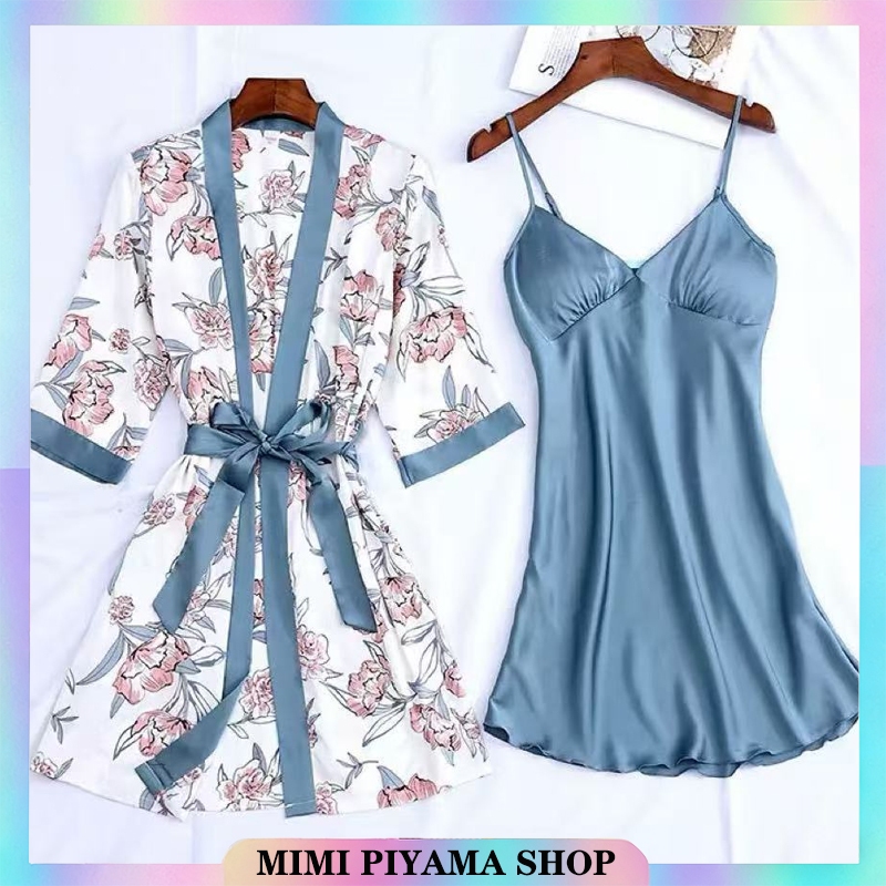 kimono dress baju tidur wanita piyama satin silk premium lengan panjang Setelan Sutra  one set  dast