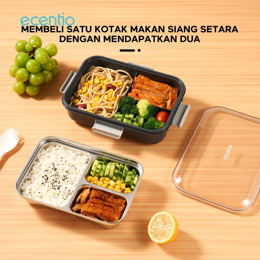 Ecentio Dual Purpose 3 Compartment Stainless Steel Lunch Box 850 ml