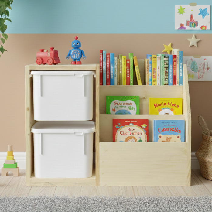 Rak Mainan Anak Minimalis 2 Box + Rak Buku Samping - Rak Buku Trofast Minimalis Kayu Jati Anak Serba
